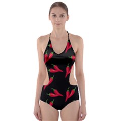 Red, hot jalapeno peppers, chilli pepper pattern at black, spicy Cut-Out One Piece Swimsuit