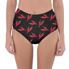 Red, hot jalapeno peppers, chilli pepper pattern at black, spicy Reversible High-Waist Bikini Bottoms