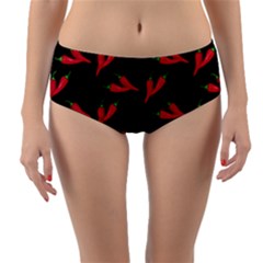 Red, hot jalapeno peppers, chilli pepper pattern at black, spicy Reversible Mid-Waist Bikini Bottoms