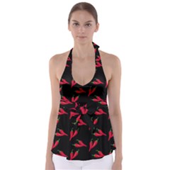 Red, hot jalapeno peppers, chilli pepper pattern at black, spicy Babydoll Tankini Top