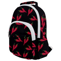 Red, hot jalapeno peppers, chilli pepper pattern at black, spicy Rounded Multi Pocket Backpack