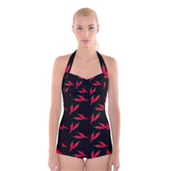 Red, hot jalapeno peppers, chilli pepper pattern at black, spicy Boyleg Halter Swimsuit 