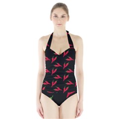 Red, hot jalapeno peppers, chilli pepper pattern at black, spicy Halter Swimsuit