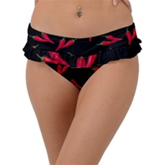 Red, hot jalapeno peppers, chilli pepper pattern at black, spicy Frill Bikini Bottom