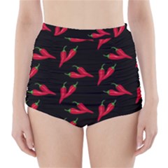 Red, hot jalapeno peppers, chilli pepper pattern at black, spicy High-Waisted Bikini Bottoms
