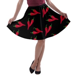 Red, hot jalapeno peppers, chilli pepper pattern at black, spicy A-line Skater Skirt