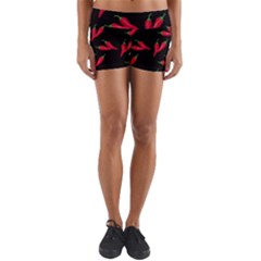 Red, Hot Jalapeno Peppers, Chilli Pepper Pattern At Black, Spicy Yoga Shorts