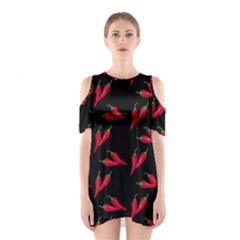 Red, hot jalapeno peppers, chilli pepper pattern at black, spicy Shoulder Cutout One Piece Dress