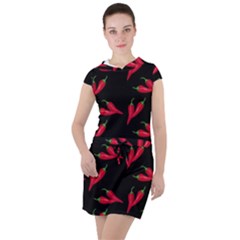 Red, hot jalapeno peppers, chilli pepper pattern at black, spicy Drawstring Hooded Dress