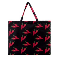 Red, hot jalapeno peppers, chilli pepper pattern at black, spicy Zipper Large Tote Bag