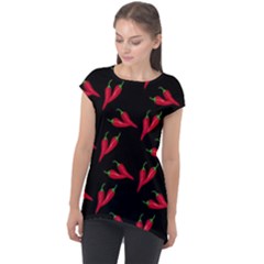 Red, hot jalapeno peppers, chilli pepper pattern at black, spicy Cap Sleeve High Low Top