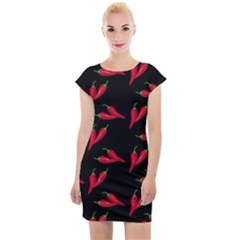 Red, hot jalapeno peppers, chilli pepper pattern at black, spicy Cap Sleeve Bodycon Dress