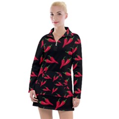Red, Hot Jalapeno Peppers, Chilli Pepper Pattern At Black, Spicy Women s Long Sleeve Casual Dress
