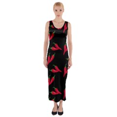 Red, hot jalapeno peppers, chilli pepper pattern at black, spicy Fitted Maxi Dress