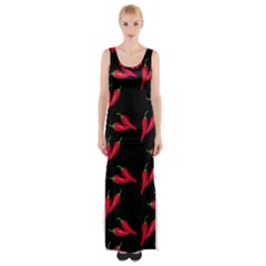Red, hot jalapeno peppers, chilli pepper pattern at black, spicy Thigh Split Maxi Dress