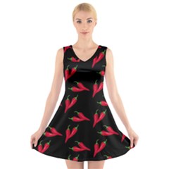 Red, hot jalapeno peppers, chilli pepper pattern at black, spicy V-Neck Sleeveless Dress
