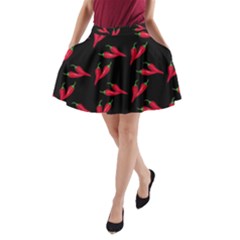 Red, hot jalapeno peppers, chilli pepper pattern at black, spicy A-Line Pocket Skirt