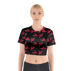 Red, hot jalapeno peppers, chilli pepper pattern at black, spicy Cotton Crop Top