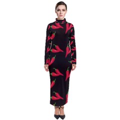 Red, hot jalapeno peppers, chilli pepper pattern at black, spicy Turtleneck Maxi Dress