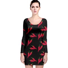 Red, hot jalapeno peppers, chilli pepper pattern at black, spicy Long Sleeve Velvet Bodycon Dress