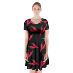Red, hot jalapeno peppers, chilli pepper pattern at black, spicy Short Sleeve V-neck Flare Dress