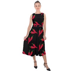 Red, Hot Jalapeno Peppers, Chilli Pepper Pattern At Black, Spicy Midi Tie-back Chiffon Dress