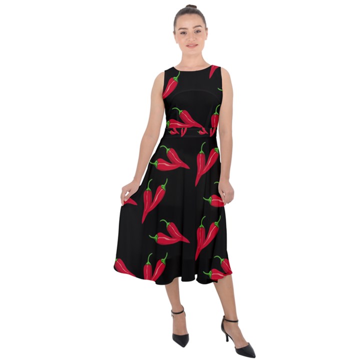 Red, hot jalapeno peppers, chilli pepper pattern at black, spicy Midi Tie-Back Chiffon Dress