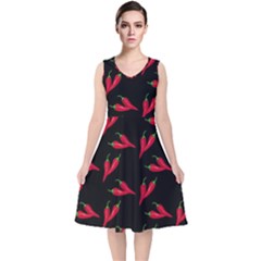 Red, hot jalapeno peppers, chilli pepper pattern at black, spicy V-Neck Midi Sleeveless Dress 