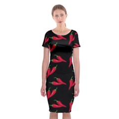 Red, Hot Jalapeno Peppers, Chilli Pepper Pattern At Black, Spicy Classic Short Sleeve Midi Dress by Casemiro