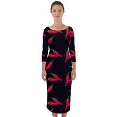 Red, hot jalapeno peppers, chilli pepper pattern at black, spicy Quarter Sleeve Midi Bodycon Dress