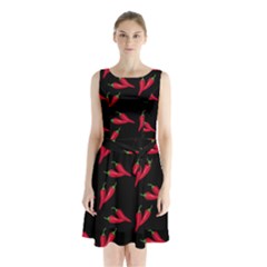 Red, hot jalapeno peppers, chilli pepper pattern at black, spicy Sleeveless Waist Tie Chiffon Dress