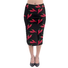 Red, hot jalapeno peppers, chilli pepper pattern at black, spicy Midi Pencil Skirt