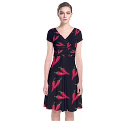 Red, hot jalapeno peppers, chilli pepper pattern at black, spicy Short Sleeve Front Wrap Dress