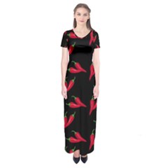 Red, hot jalapeno peppers, chilli pepper pattern at black, spicy Short Sleeve Maxi Dress