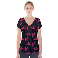 Red, hot jalapeno peppers, chilli pepper pattern at black, spicy Short Sleeve Front Detail Top