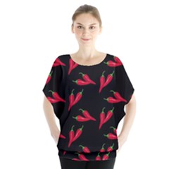 Red, hot jalapeno peppers, chilli pepper pattern at black, spicy Batwing Chiffon Blouse
