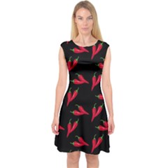 Red, hot jalapeno peppers, chilli pepper pattern at black, spicy Capsleeve Midi Dress