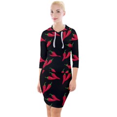 Red, Hot Jalapeno Peppers, Chilli Pepper Pattern At Black, Spicy Quarter Sleeve Hood Bodycon Dress