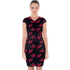 Red, hot jalapeno peppers, chilli pepper pattern at black, spicy Capsleeve Drawstring Dress 