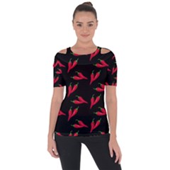 Red, Hot Jalapeno Peppers, Chilli Pepper Pattern At Black, Spicy Shoulder Cut Out Short Sleeve Top by Casemiro