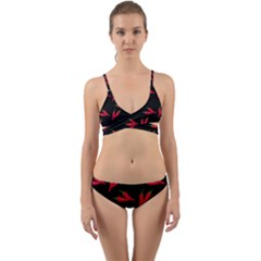 Red, hot jalapeno peppers, chilli pepper pattern at black, spicy Wrap Around Bikini Set