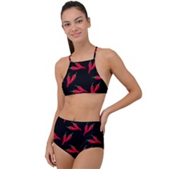 Red, Hot Jalapeno Peppers, Chilli Pepper Pattern At Black, Spicy High Waist Tankini Set by Casemiro