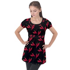 Red, hot jalapeno peppers, chilli pepper pattern at black, spicy Puff Sleeve Tunic Top