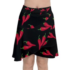 Red, Hot Jalapeno Peppers, Chilli Pepper Pattern At Black, Spicy Chiffon Wrap Front Skirt by Casemiro