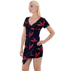 Red, hot jalapeno peppers, chilli pepper pattern at black, spicy Short Sleeve Asymmetric Mini Dress
