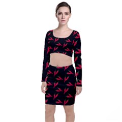 Red, hot jalapeno peppers, chilli pepper pattern at black, spicy Top and Skirt Sets