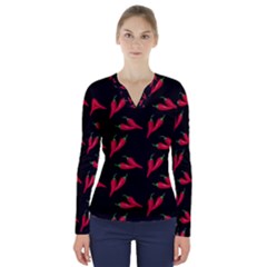 Red, hot jalapeno peppers, chilli pepper pattern at black, spicy V-Neck Long Sleeve Top