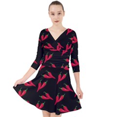 Red, hot jalapeno peppers, chilli pepper pattern at black, spicy Quarter Sleeve Front Wrap Dress