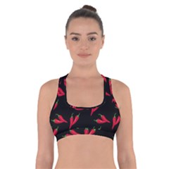 Red, hot jalapeno peppers, chilli pepper pattern at black, spicy Cross Back Sports Bra