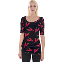 Red, hot jalapeno peppers, chilli pepper pattern at black, spicy Wide Neckline Tee